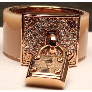 MICHAEL KORS Signed Size6 Padlock Crystal Ring Cityscape Hardware Rose Gold Tone
